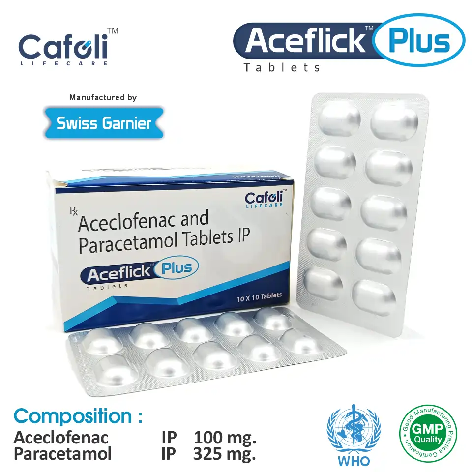 Aceclofenac I.P. 100mg + Paracetamol I.P. 325mg Tablet at best price in PCD Pharma Franchise for Pain Relief.